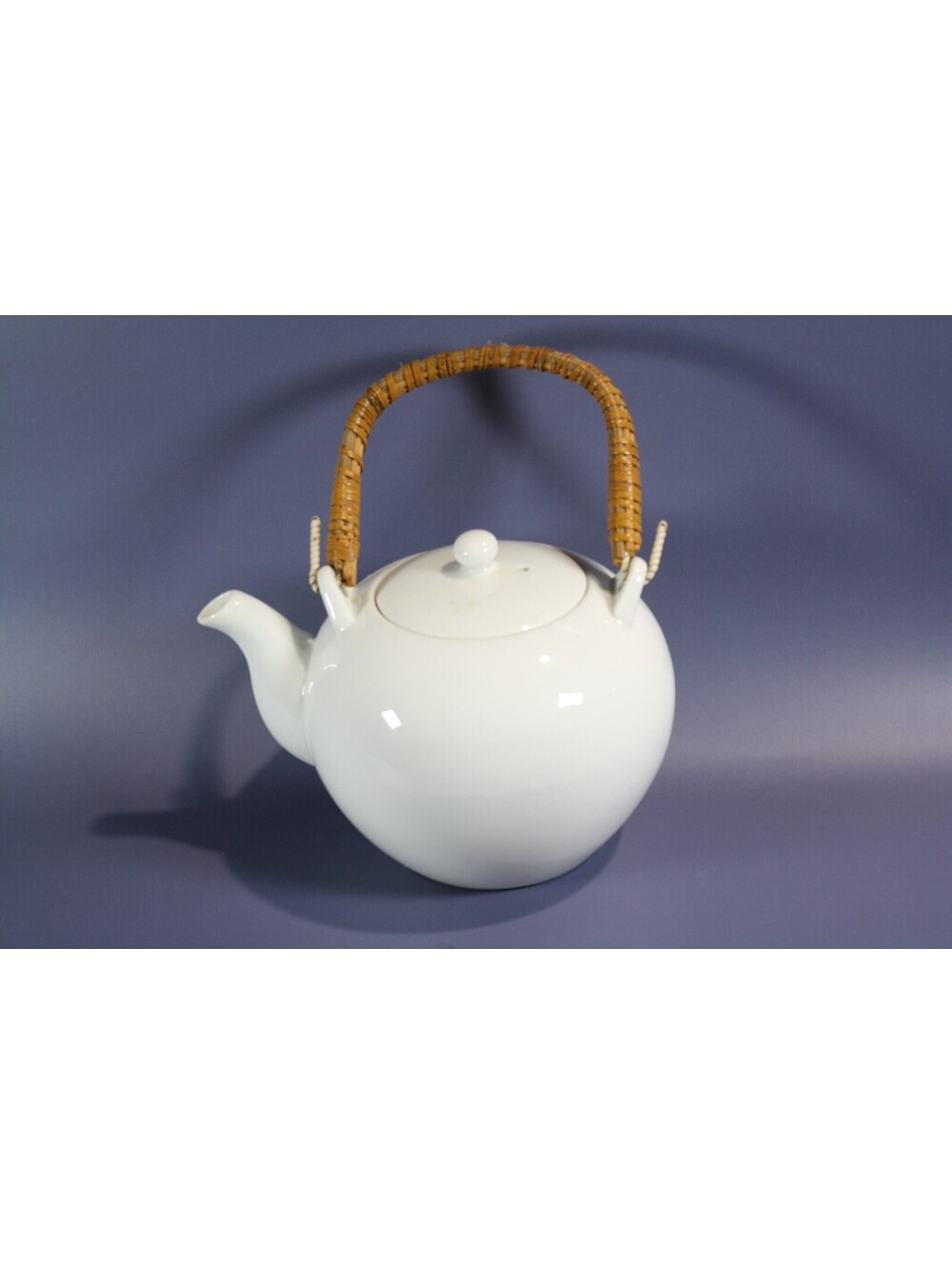 Vintage White Ceramic Teapot with Wicker Handle & Built-In Infuser